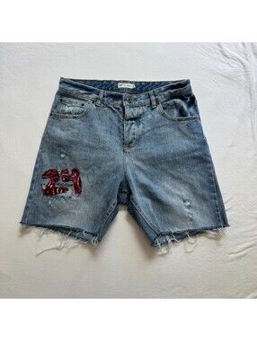 Y2K Avec Les Filles Embroidered Denim Bermuda Shorts Distressed Jorts Women 28